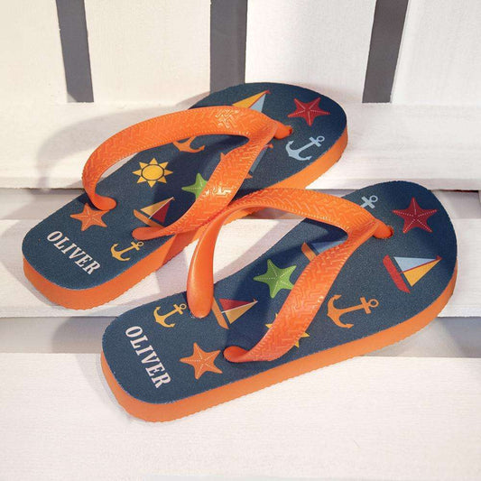 All The Fun At The Beach Child's Personalised Flip Flops In Navy Footwear Treat