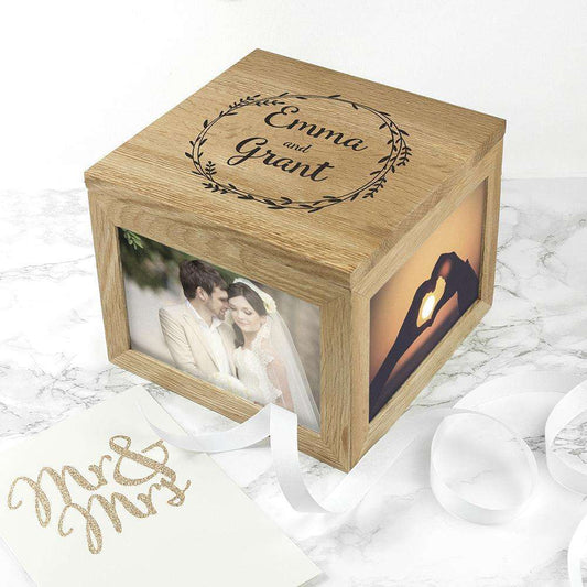Couple's Oak Photo Keepsake Box With Wreath Design Box Treat