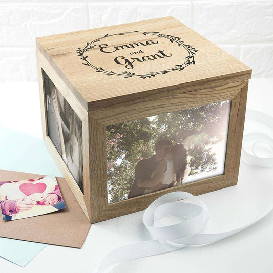 Couple's Oak Photo Keepsake Box With Wreath Design Box Treat