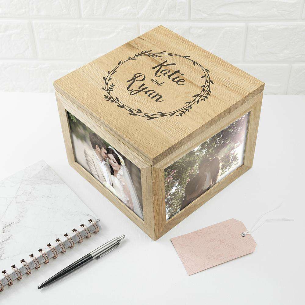 Couple's Oak Photo Keepsake Box With Wreath Design Box Treat