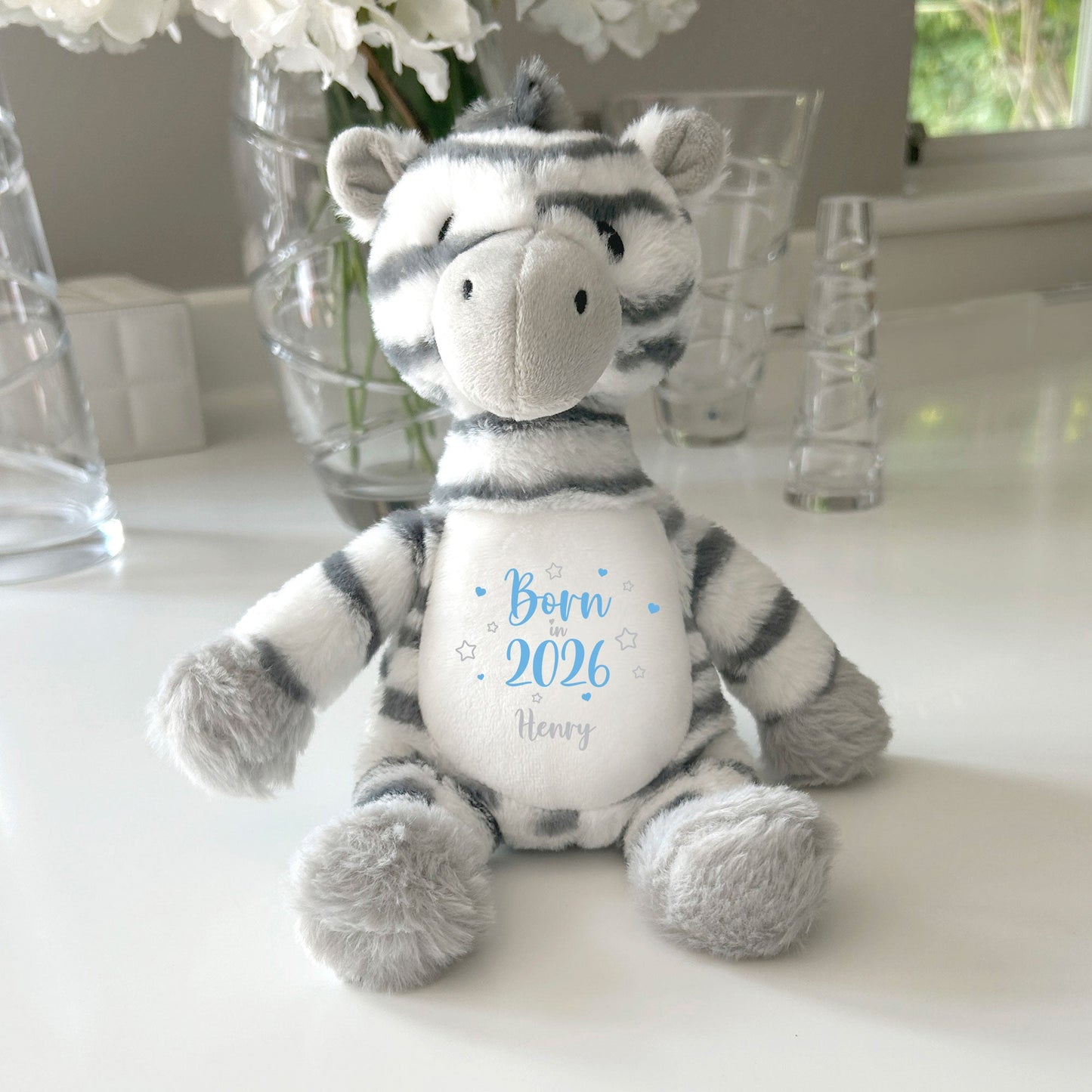 Personalised Born in 2026 Zebra Teddy Bear 28cm | New Baby, 1st Birthday or Christening Gift