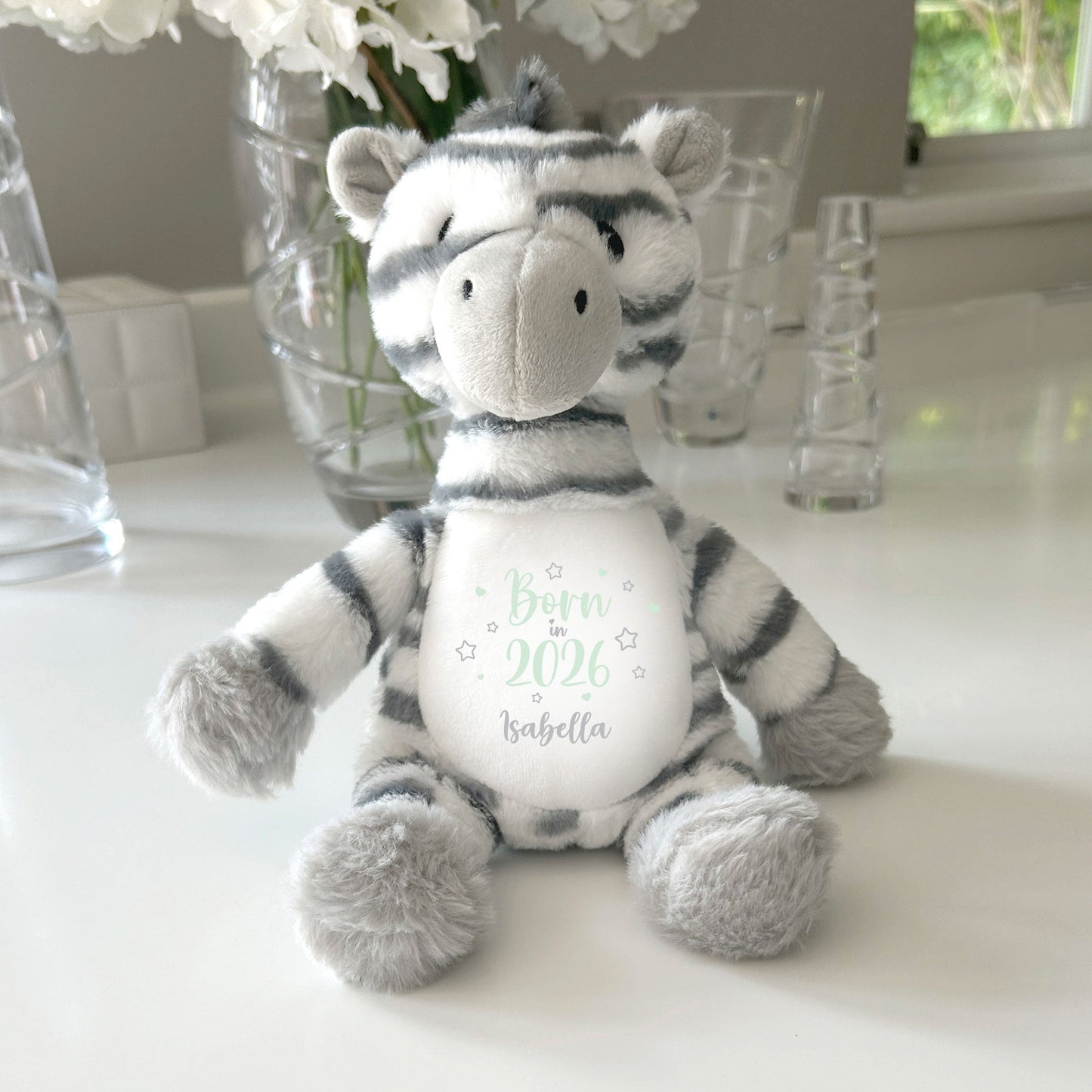 Personalised Born in 2026 Zebra Teddy Bear 28cm | New Baby, 1st Birthday or Christening Gift