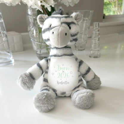 Personalised Born in 2026 Zebra Teddy Bear 28cm | New Baby, 1st Birthday or Christening Gift