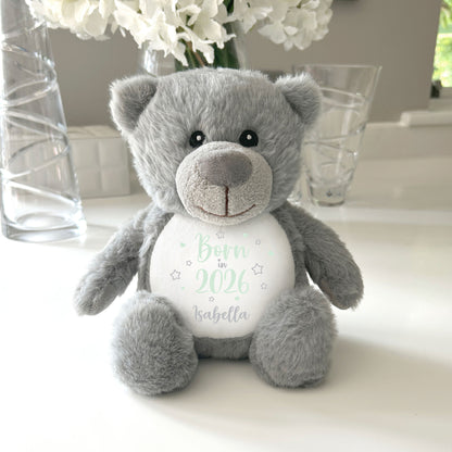 Personalised Born in 2026 Teddy Bear Plush Soft Toy 25cm | New Baby Arrival Gift