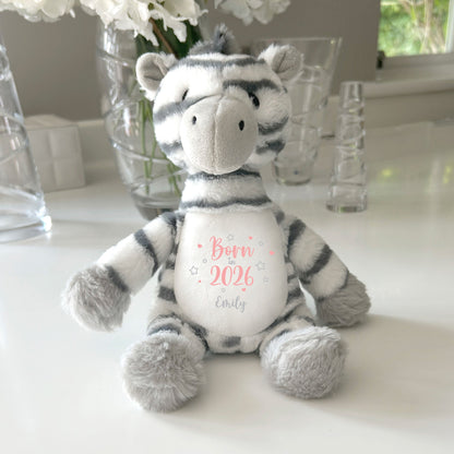 Personalised Born in 2026 Zebra Teddy Bear 28cm | New Baby, 1st Birthday or Christening Gift