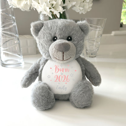 Personalised Born in 2026 Teddy Bear Plush Soft Toy 25cm | New Baby Arrival Gift