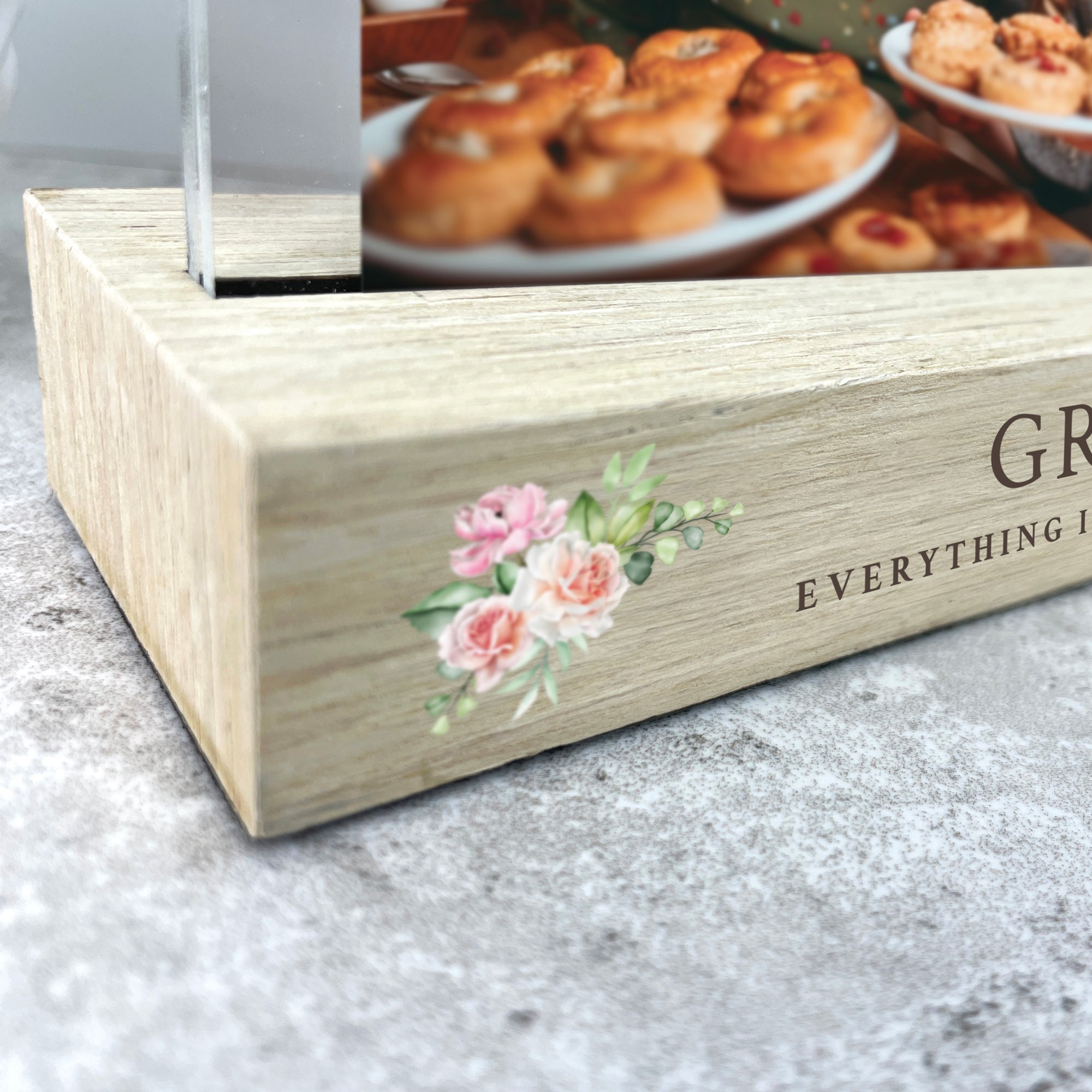 Personalised Any Message Pink Floral Wooden Base 6x4