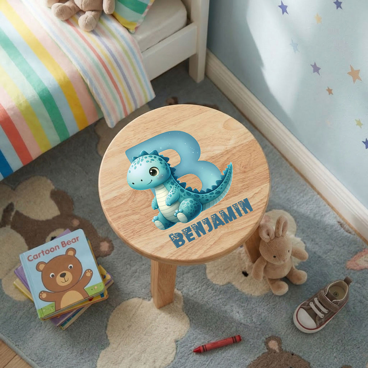 Personalised Wooden Dinosaur Alphabet Round Toddler Step Stool | Nursery Decor & First Birthday Gift