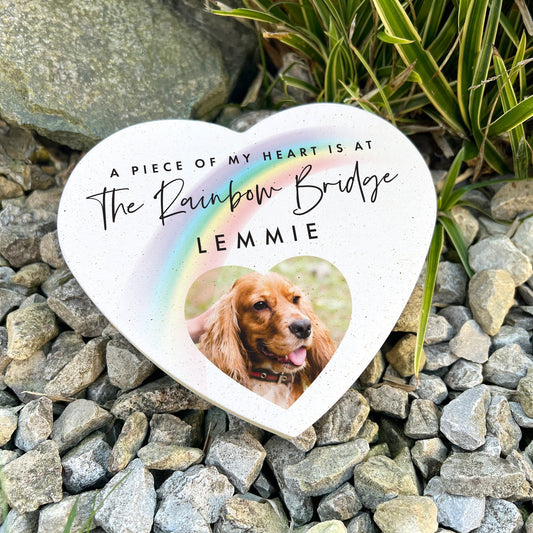 Personalised Pet Rainbow Bridge Photo Resin Heart Grave Marker