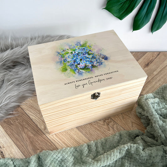 Personalised Forget-Me-Not Wooden Memory Box - 5 Sizes (16cm | 20cm | 26cm | 30cm | 36cm)