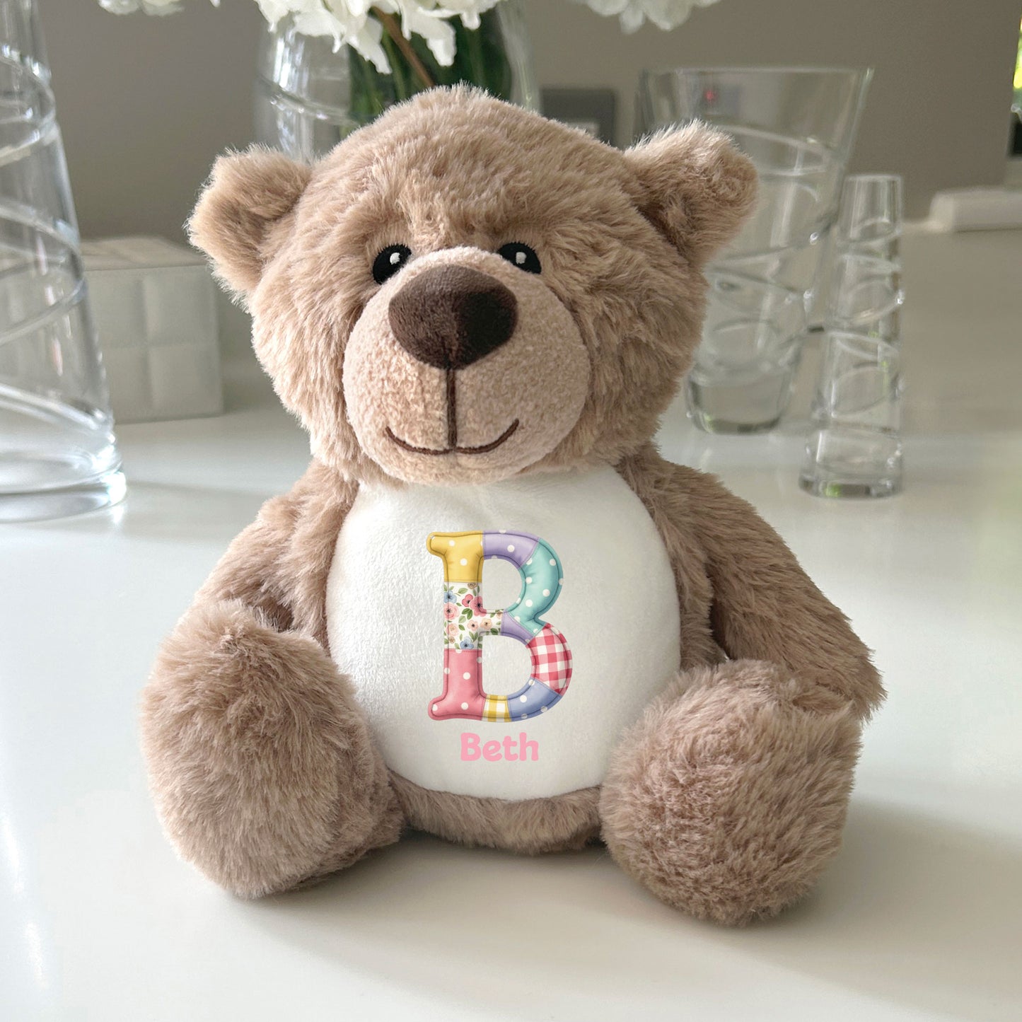 Personalised Patchwork Alphabet Plush Teddy Bear 25cm | New Baby, Christening & 1st Birthday Gift