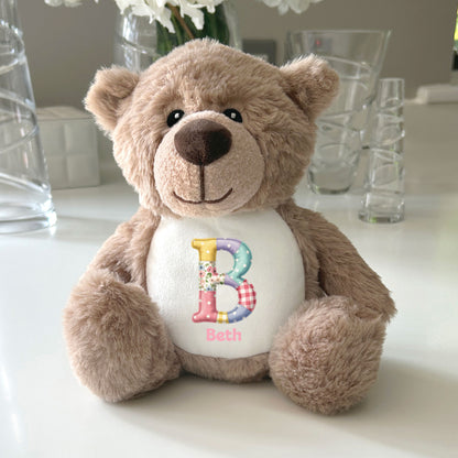 Personalised Patchwork Alphabet Plush Teddy Bear 25cm | New Baby, Christening & 1st Birthday Gift