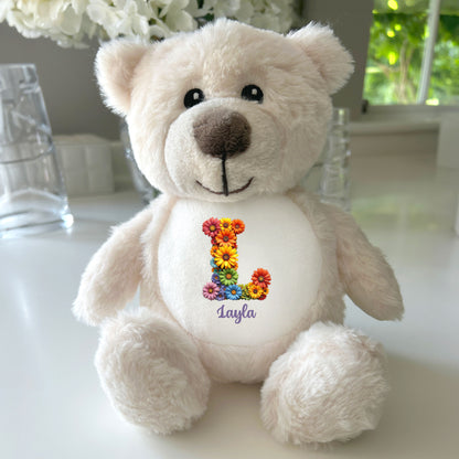 Personalised Flower Alphabet Plush Teddy Bear 25cm | New Baby, Christening & 1st Birthday Gift