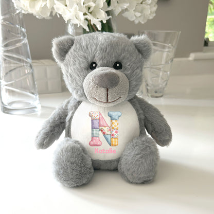 Personalised Patchwork Alphabet Plush Teddy Bear 25cm | New Baby, Christening & 1st Birthday Gift