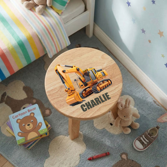 Personalised Wooden Construction Vehicles Round Toddler Step Stool | First Birthday Gift & Nursery Decor