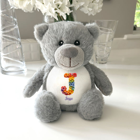 Personalised Flower Alphabet Plush Teddy Bear 25cm | New Baby, Christening & 1st Birthday Gift