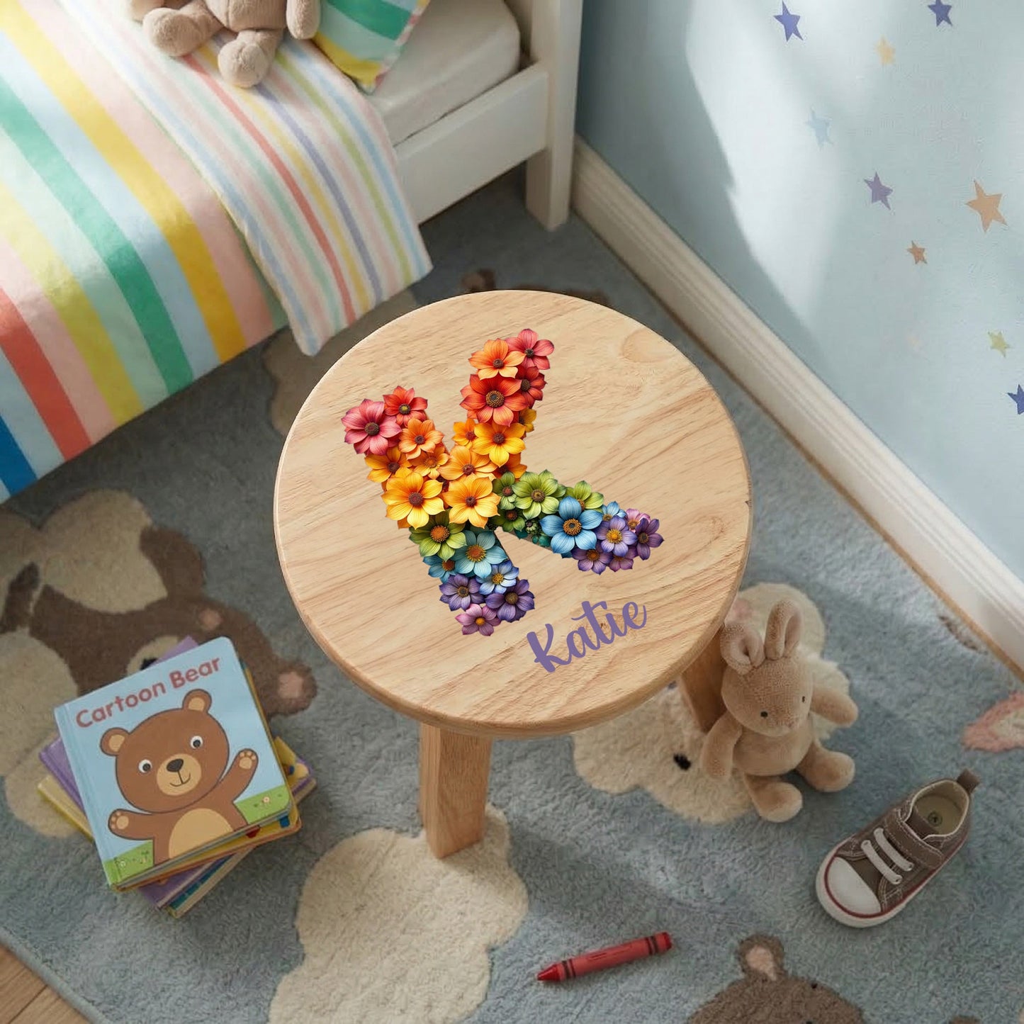 Personalised Wooden Flower Alphabet Round Toddler Step Stool | Nursery Decor & First Birthday Gift