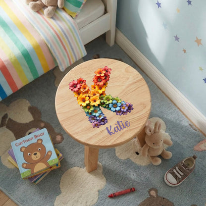 Personalised Wooden Flower Alphabet Round Toddler Step Stool | Nursery Decor & First Birthday Gift