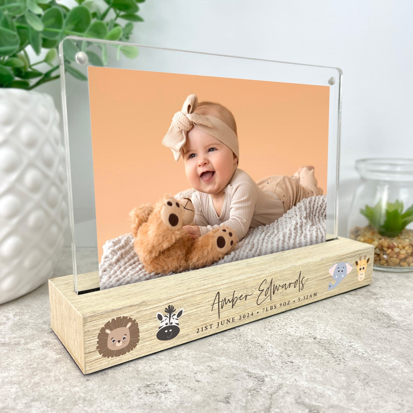 Personalised Jungle New Baby Wooden Base 6x4" Photo Frame