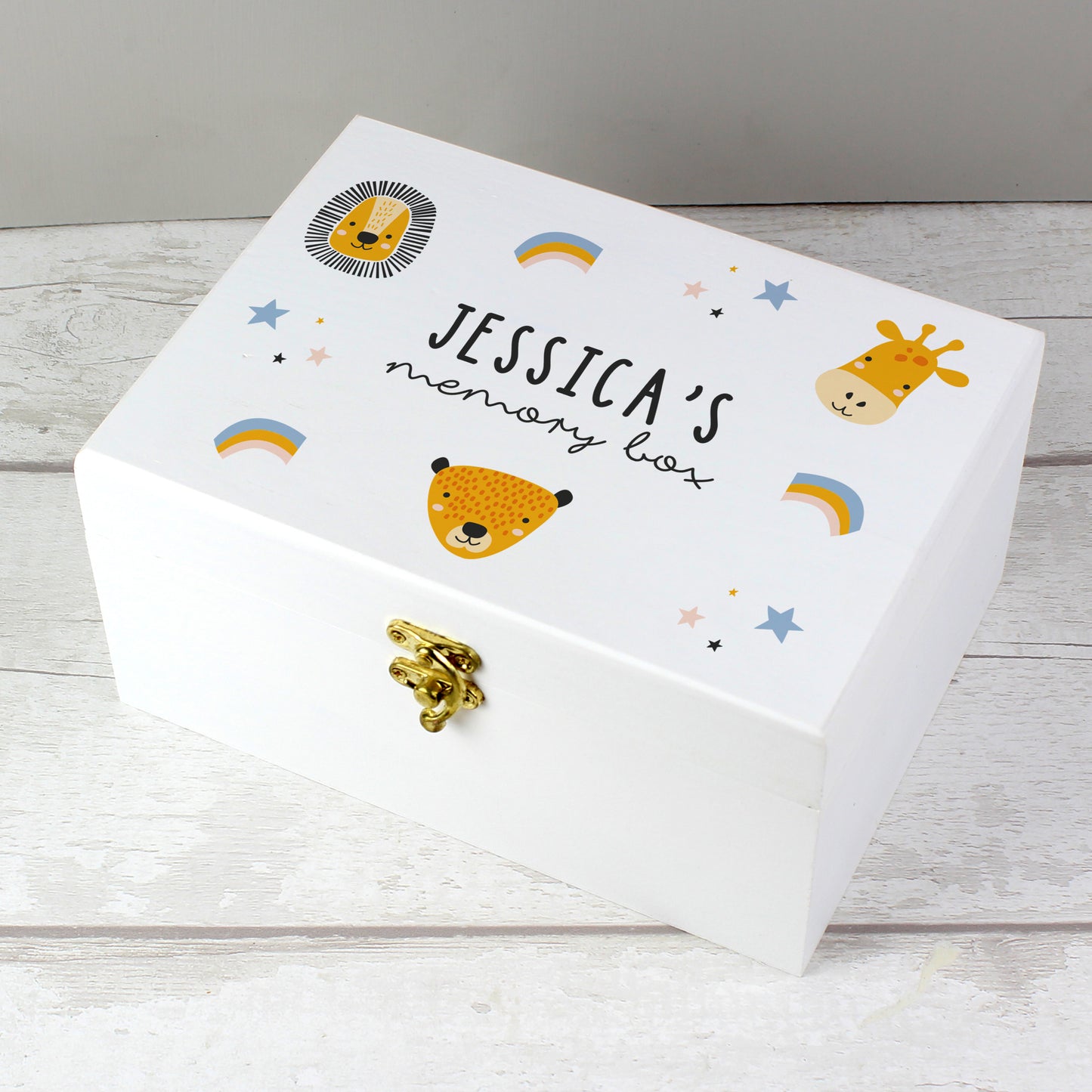 Personalised Safari Animal White Wooden Keepsake Box - 22 x 16cm
