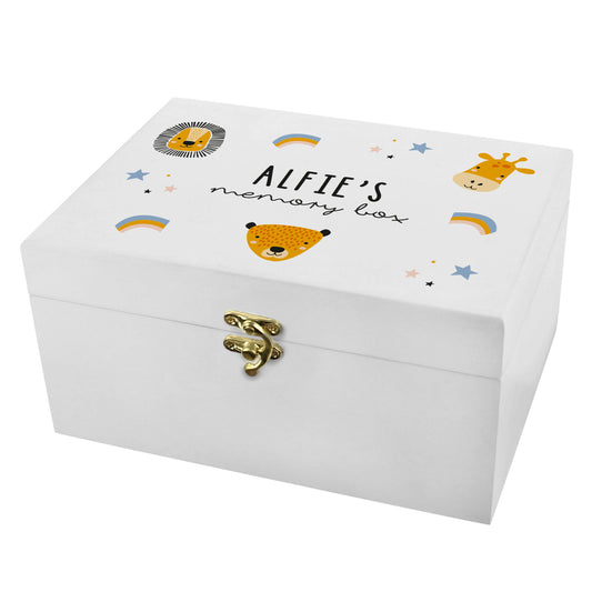 Personalised Safari Animal White Wooden Keepsake Box