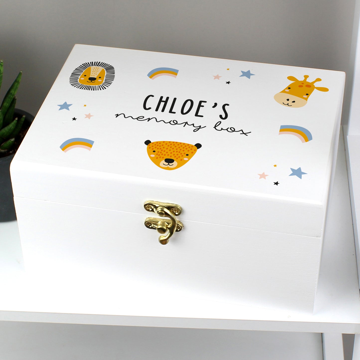 Personalised Safari Animal White Wooden Keepsake Box - 22 x 16cm