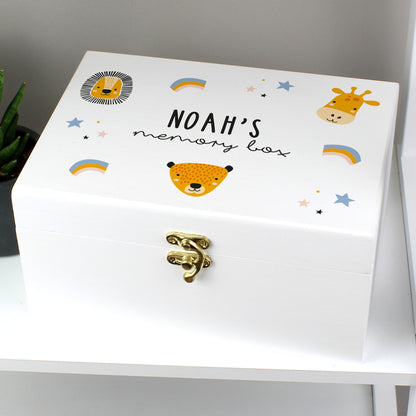 Personalised Safari Animal White Wooden Keepsake Box - 22 x 16cm