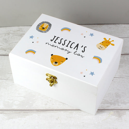 Personalised Safari Animal White Wooden Keepsake Box