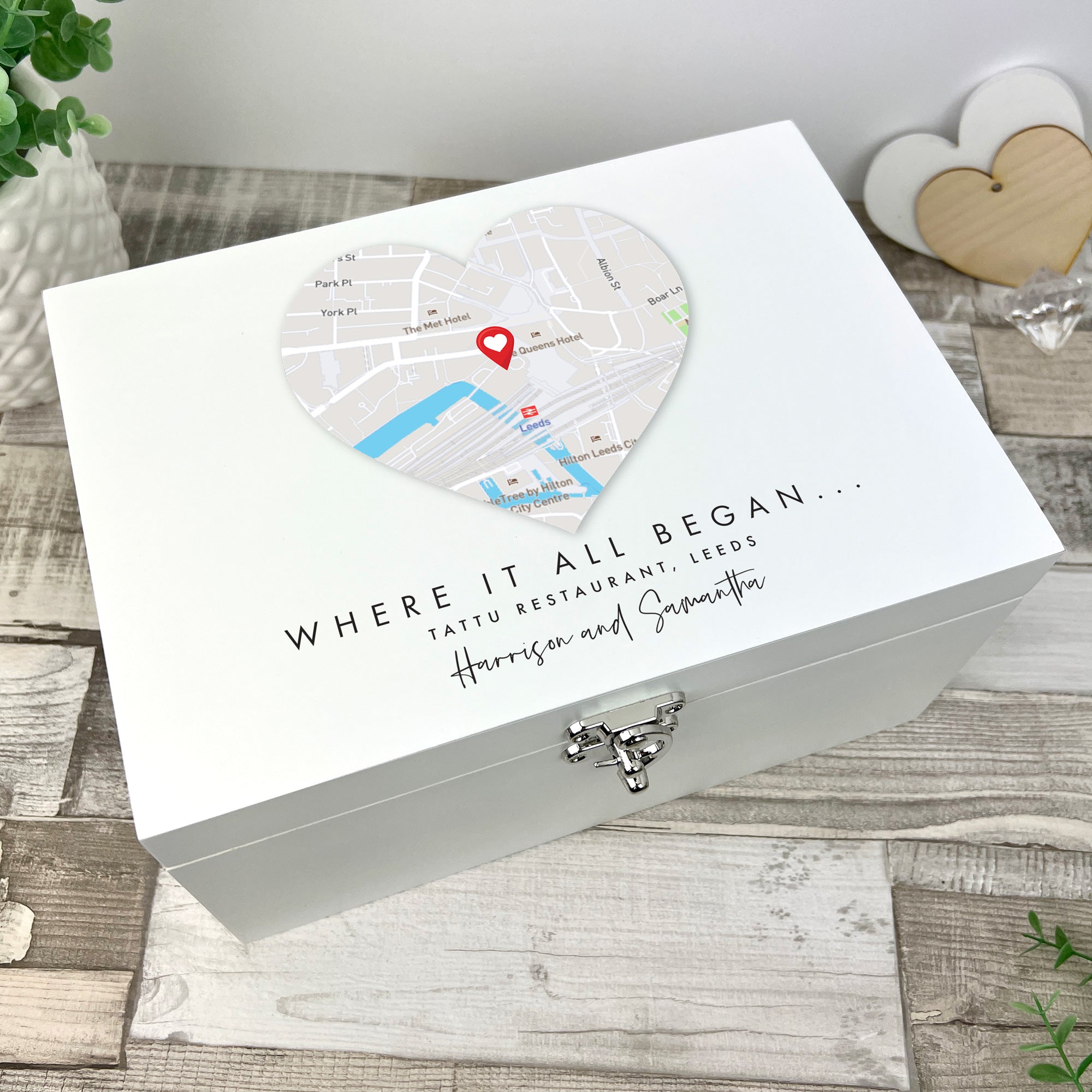 Personalised Heart Map Location White Keepsake Box - 3 Sizes