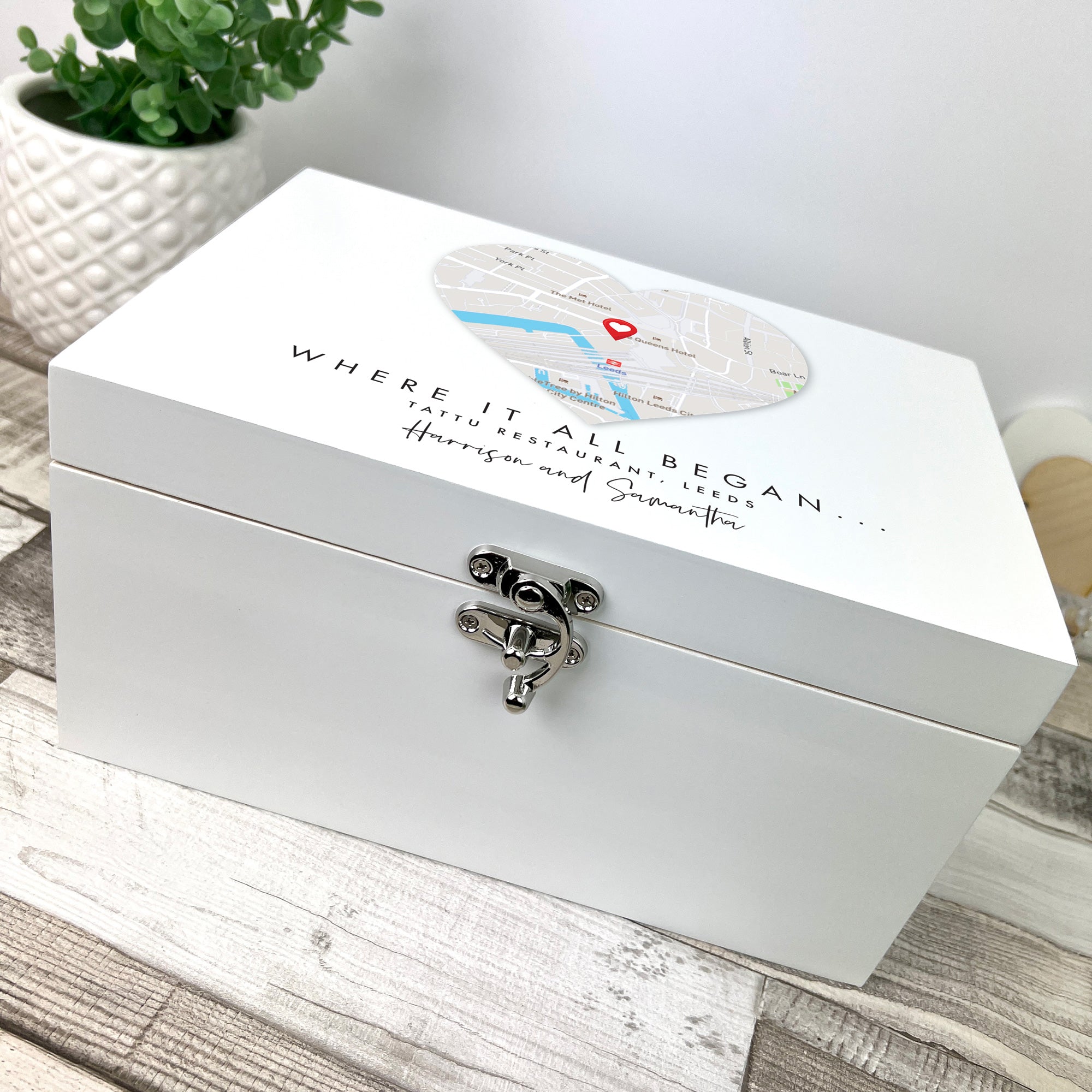 Personalised Heart Map Location White Keepsake Box - 3 Sizes