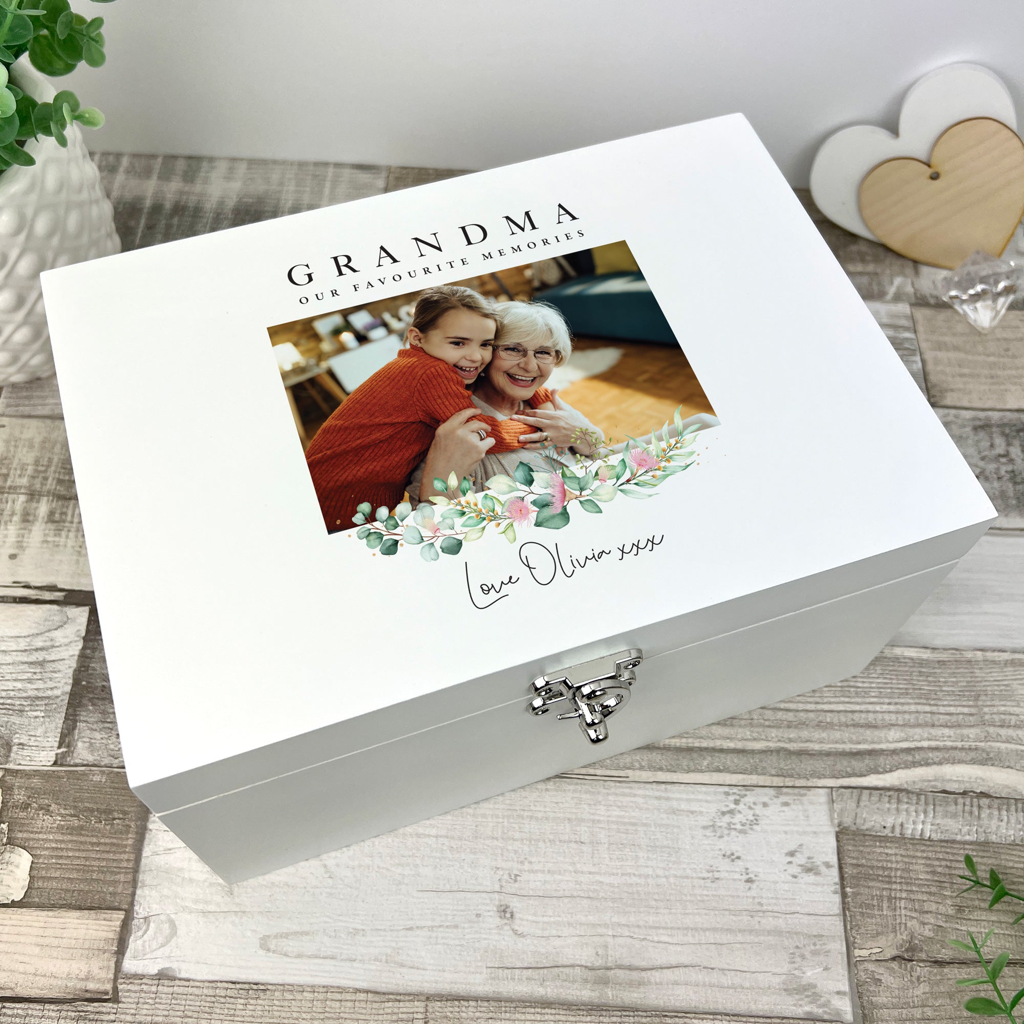 Personalised Floral Photo White Wooden Keepsake Memory Box - 3 Sizes