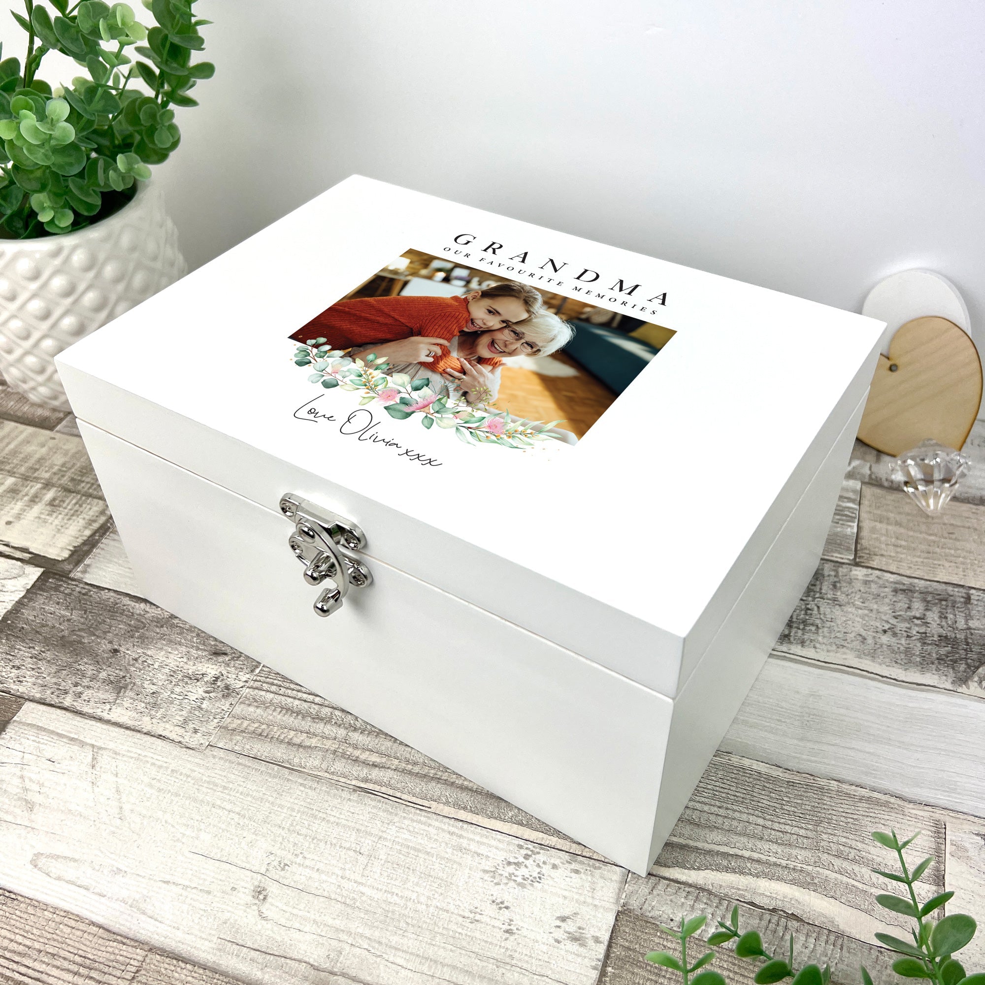 Personalised Floral Photo White Wooden Keepsake Memory Box - 3 Sizes