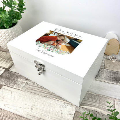 Personalised Floral Photo White Wooden Keepsake Memory Box - 3 Sizes