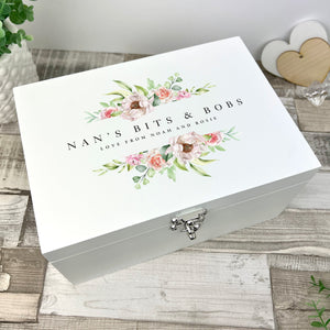 Personalised Any Message Pink Floral White Wooden Keepsake Memory Box - 3 Sizes
