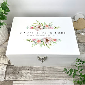 Personalised Any Message Pink Floral White Wooden Keepsake Memory Box - 3 Sizes