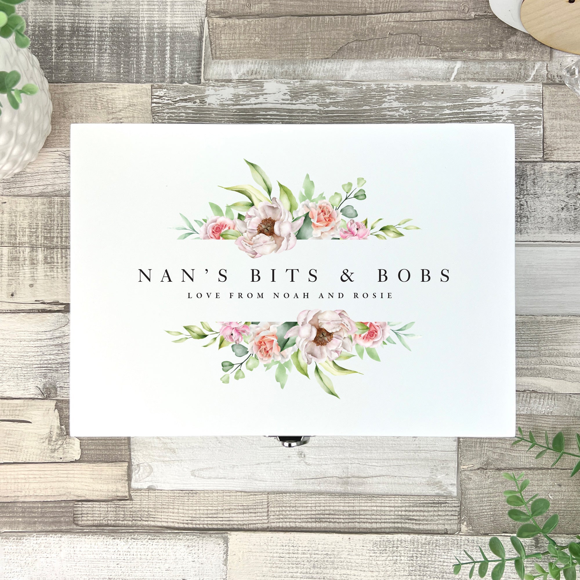 Personalised Any Message Pink Floral White Wooden Keepsake Memory Box - 3 Sizes
