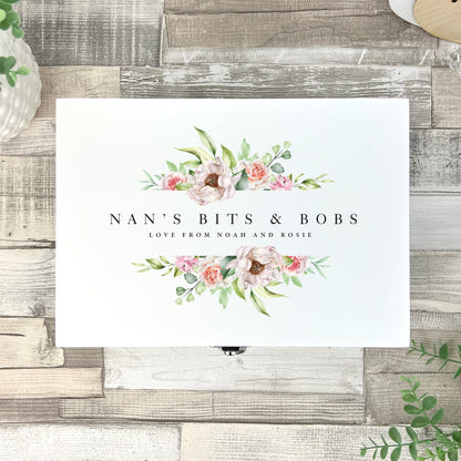 Personalised Any Message Pink Floral White Wooden Keepsake Memory Box - 3 Sizes