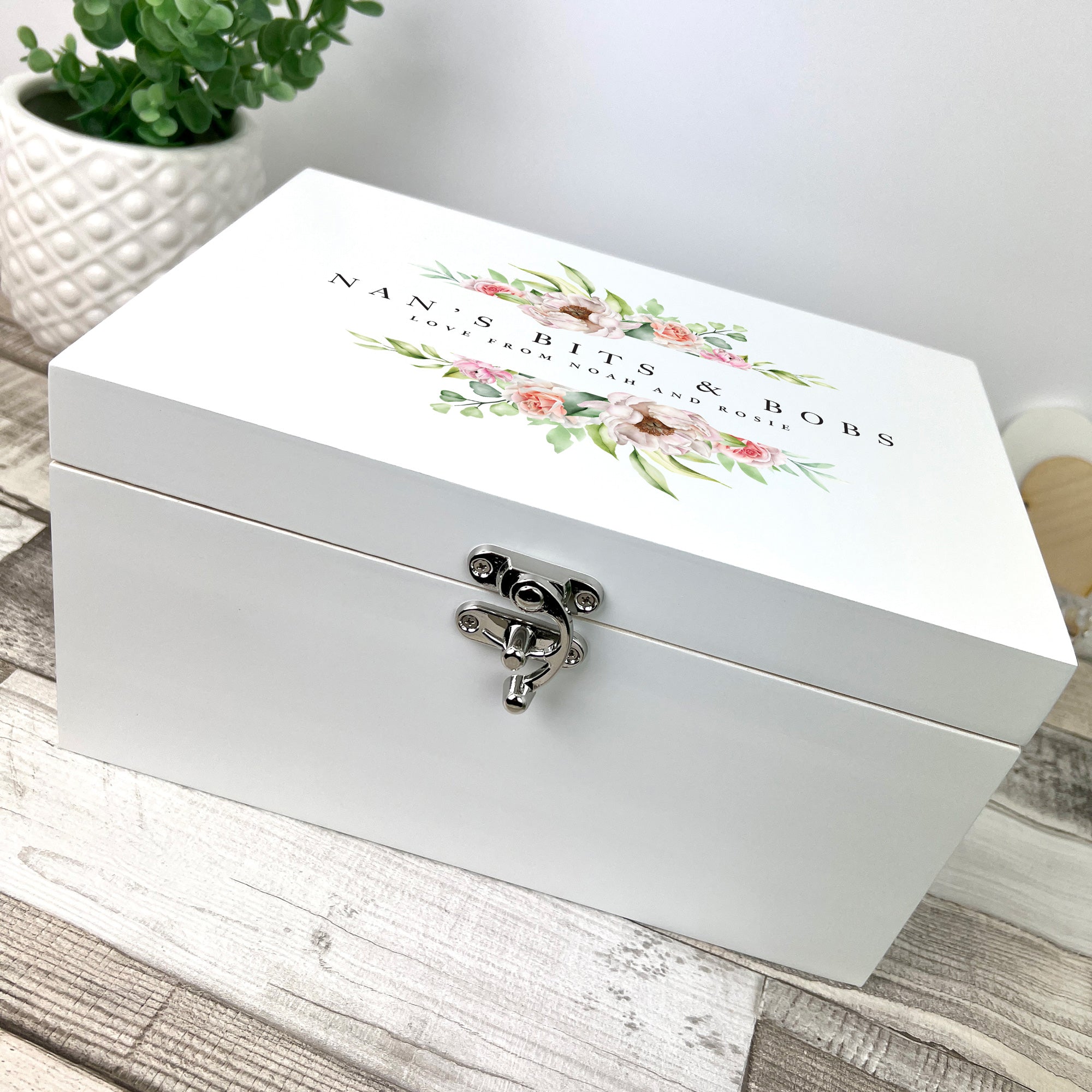 Personalised Any Message Pink Floral White Wooden Keepsake Memory Box - 3 Sizes