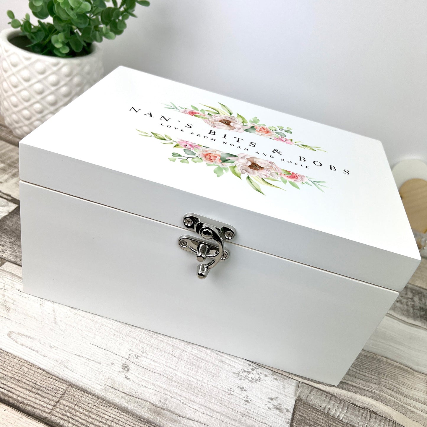 Personalised Any Message Pink Floral White Wooden Keepsake Memory Box - 3 Sizes