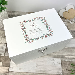 Personalised Any Message Flower Border White Wooden Keepsake Memory Box - 3 Sizes