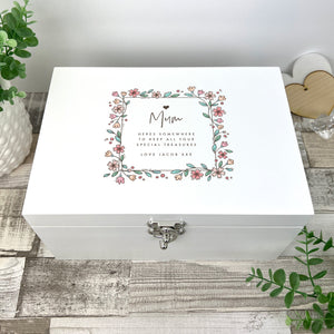 Personalised Any Message Flower Border White Wooden Keepsake Memory Box - 3 Sizes