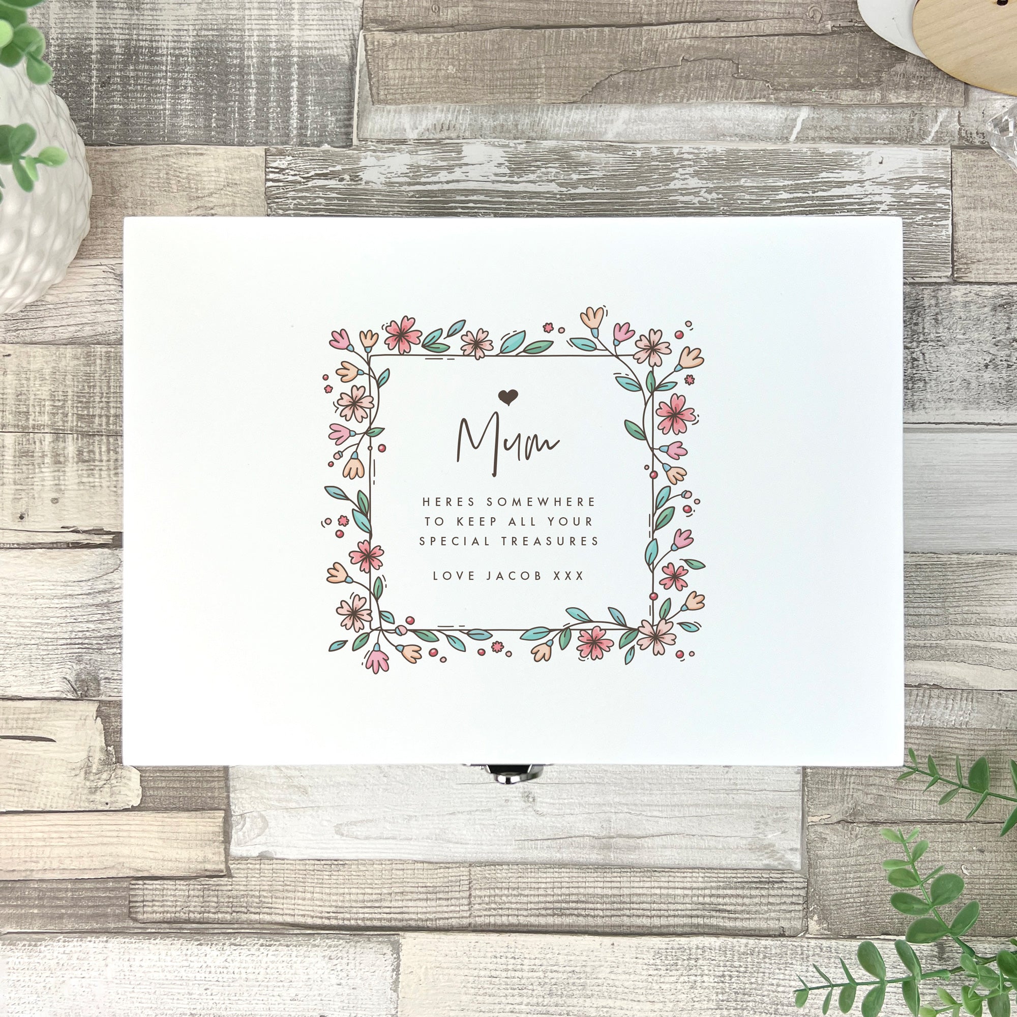 Personalised Any Message Flower Border White Wooden Keepsake Memory Box - 3 Sizes