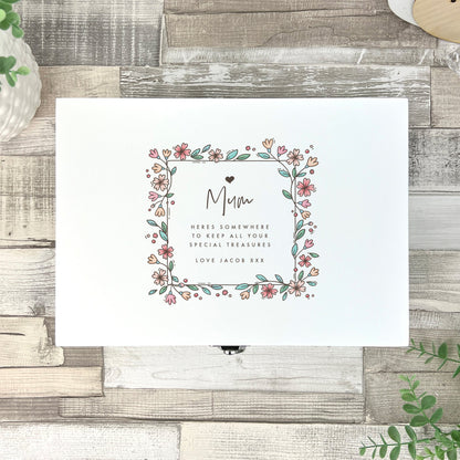 Personalised Any Message Flower Border White Wooden Keepsake Memory Box - 3 Sizes