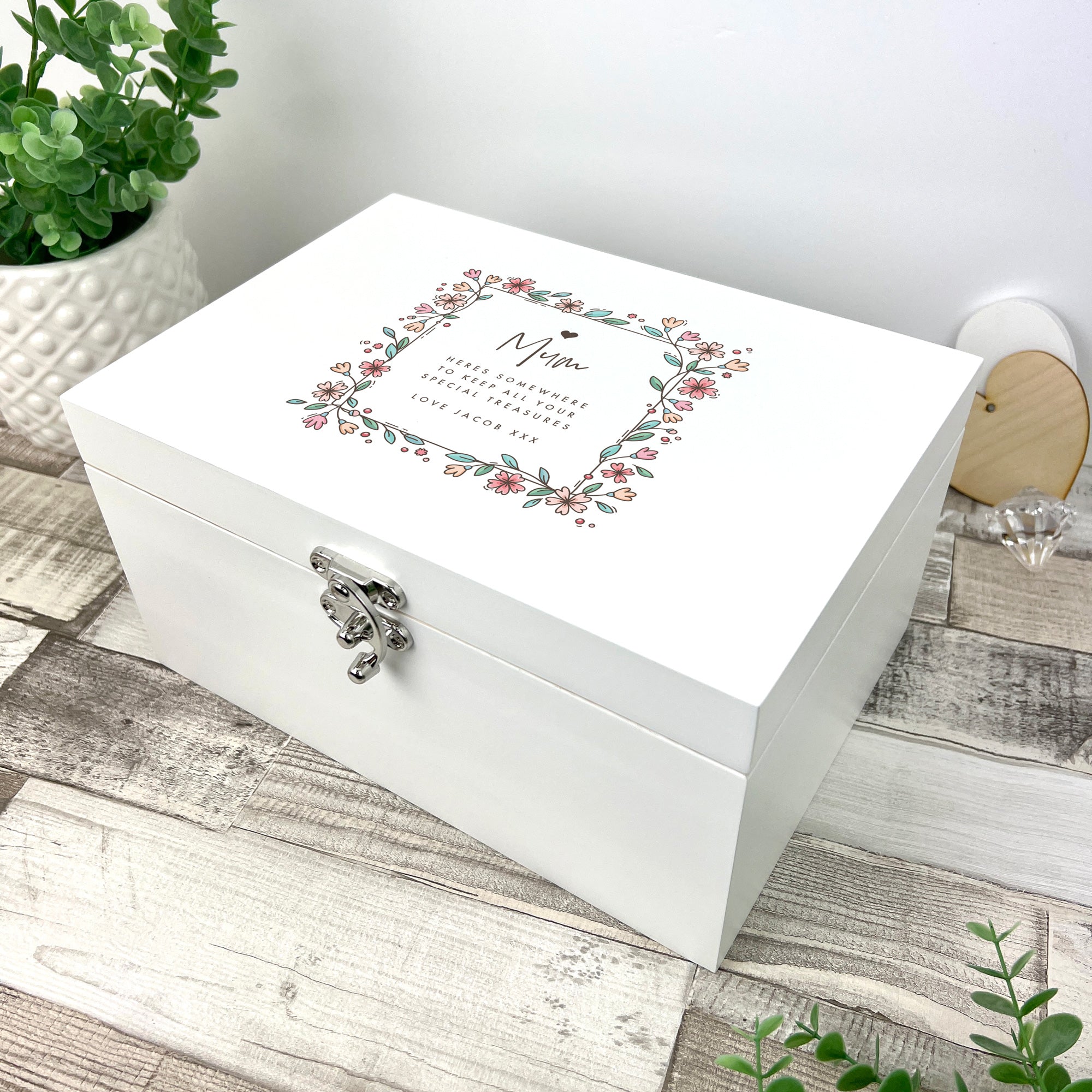 Personalised Any Message Flower Border White Wooden Keepsake Memory Box - 3 Sizes