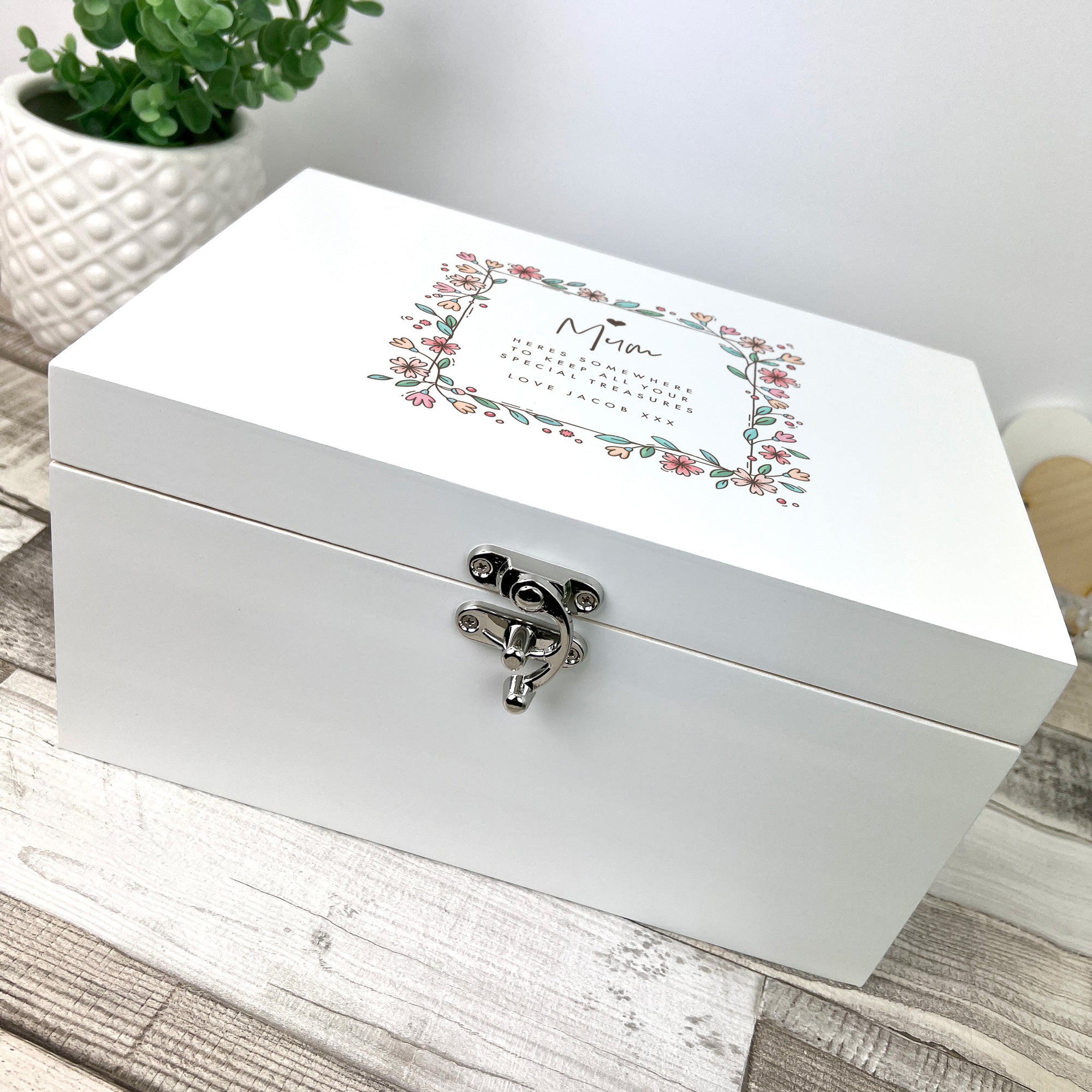 Personalised Any Message Flower Border White Wooden Keepsake Memory Box - 3 Sizes