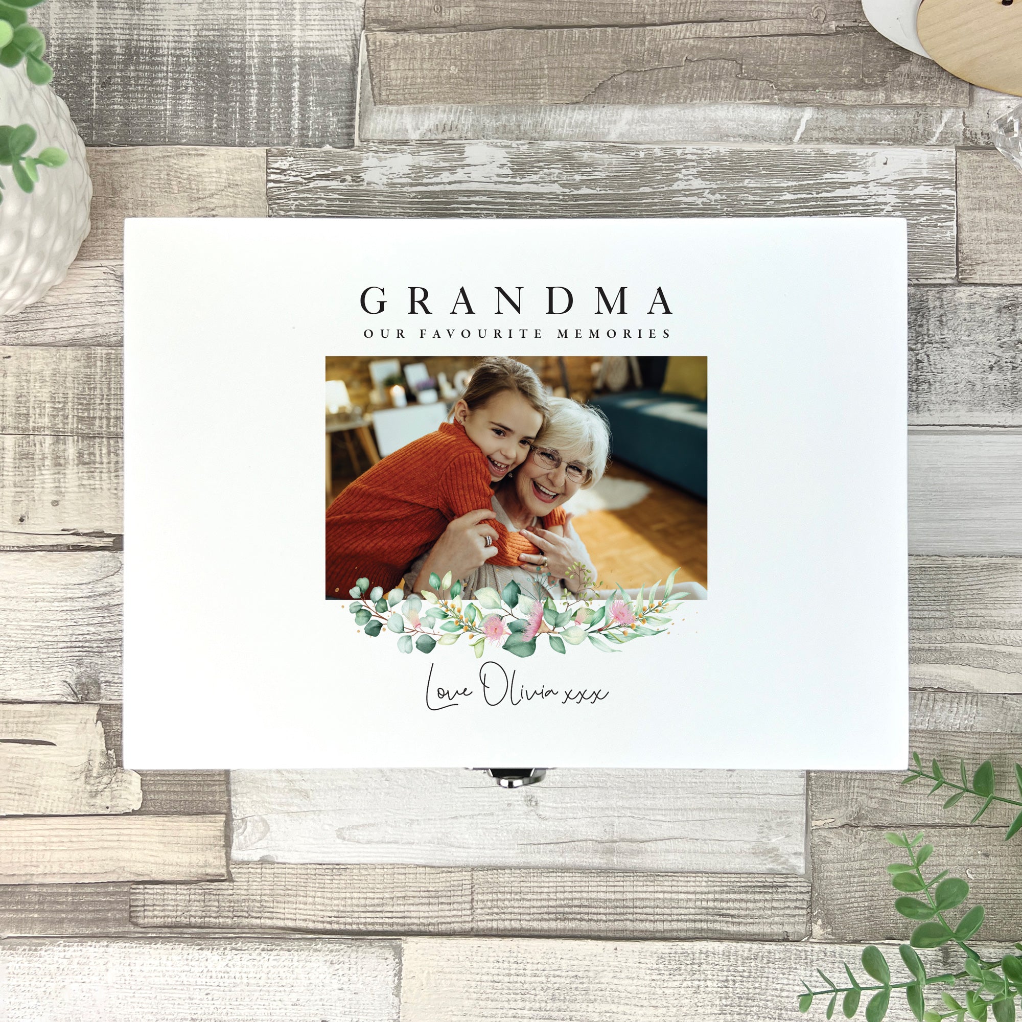 Personalised Floral Photo White Wooden Keepsake Memory Box - 3 Sizes