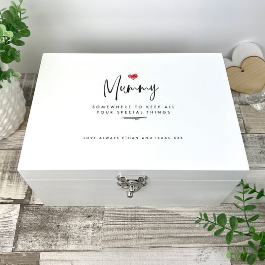 Personalised Any Name/Message Red Heart White Wooden Keepsake Memory Box - 3 Sizes
