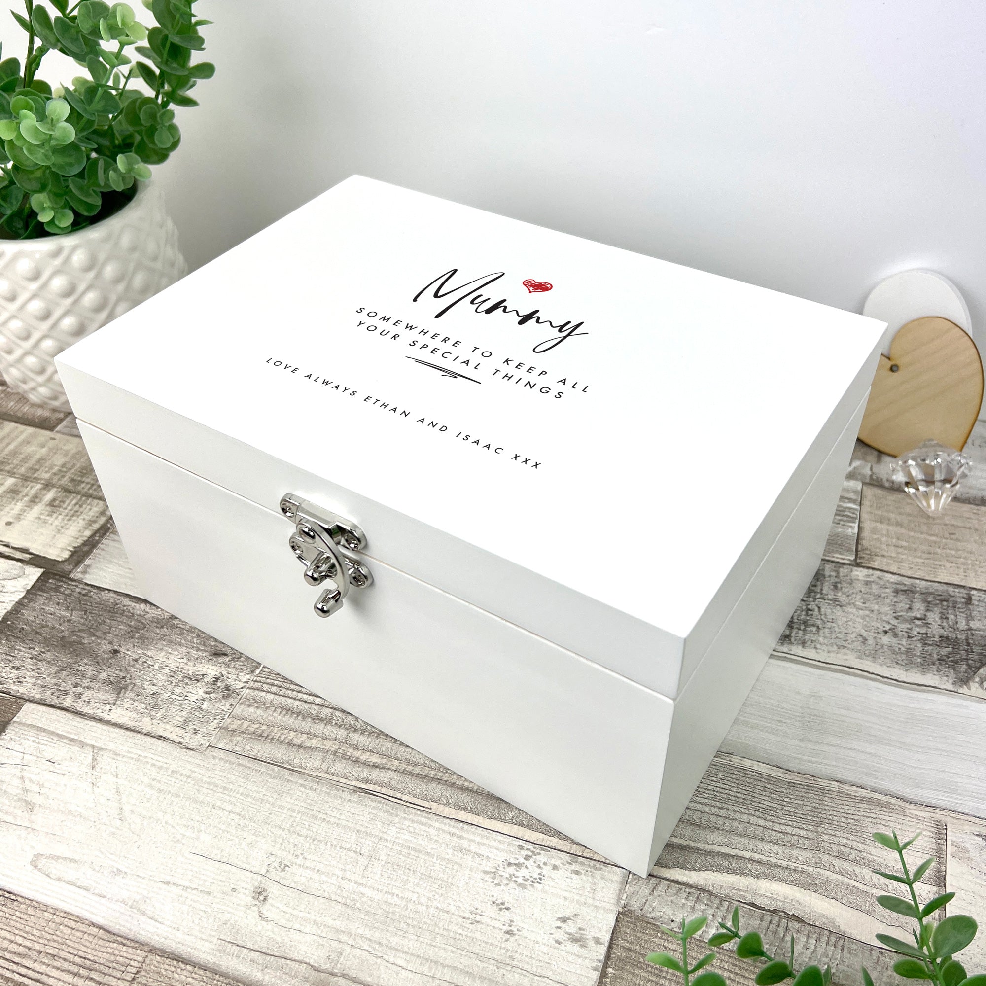 Personalised Any Name/Message Red Heart White Wooden Keepsake Memory Box - 3 Sizes