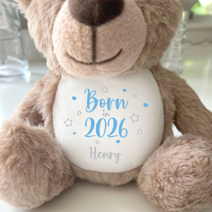 Personalised Born in 2026 Teddy Bear Plush Soft Toy 25cm | New Baby Arrival Gift