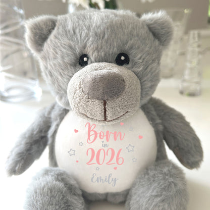 Personalised Born in 2026 Teddy Bear Plush Soft Toy 25cm | New Baby Arrival Gift